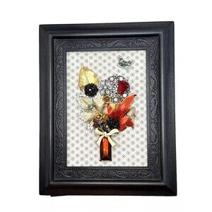 Vintage Jewelry Art FLOWER ARRANGEMENT Black & Gold Tones 9 3/4" x 7 3/4"